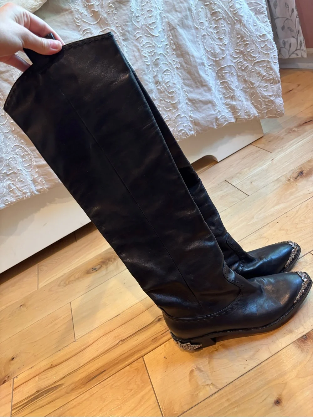 Women's Tall Black Leather Western Boots with Decorative Heel